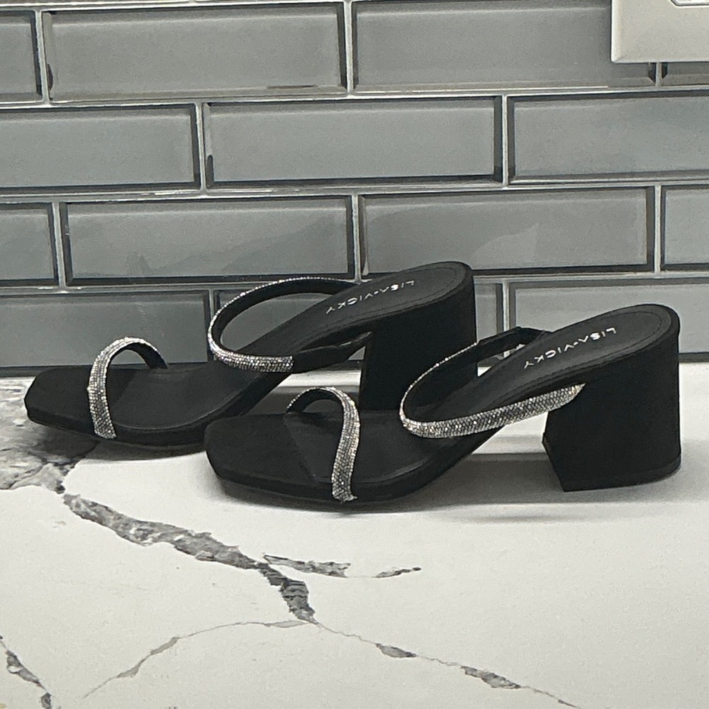 LISA VICKY MOOD Black Rhinestone Strap Block Heel Mules‎ Women's Size 5 1/2